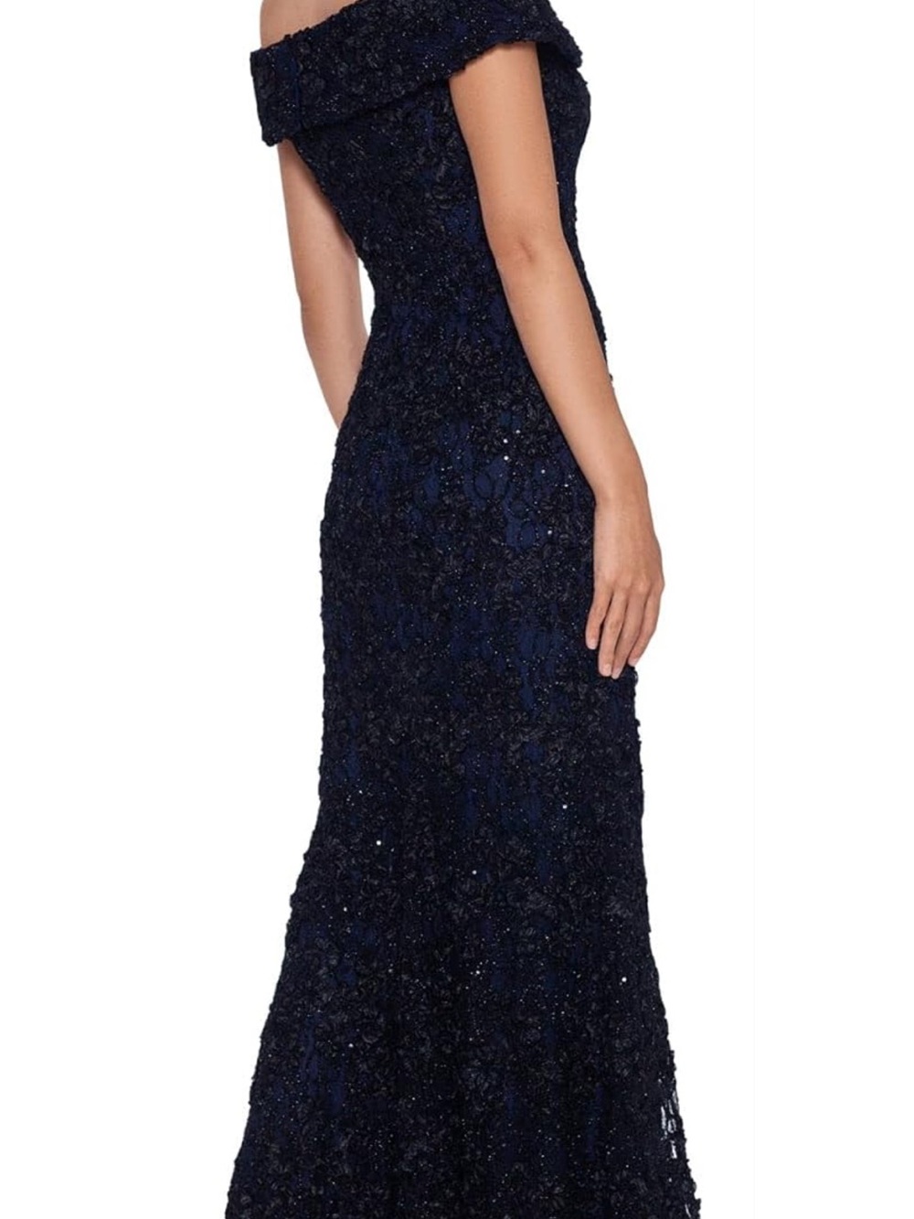 Off-Shoulder Navy Lace Evening Gown
